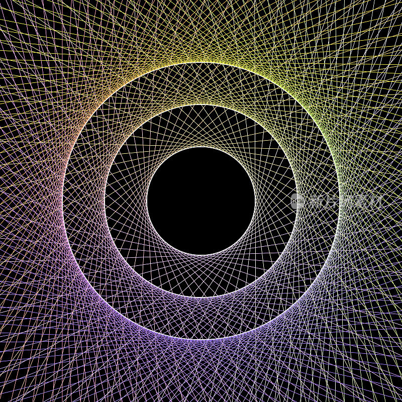 抽象的多色线旋转和触摸黑色球体