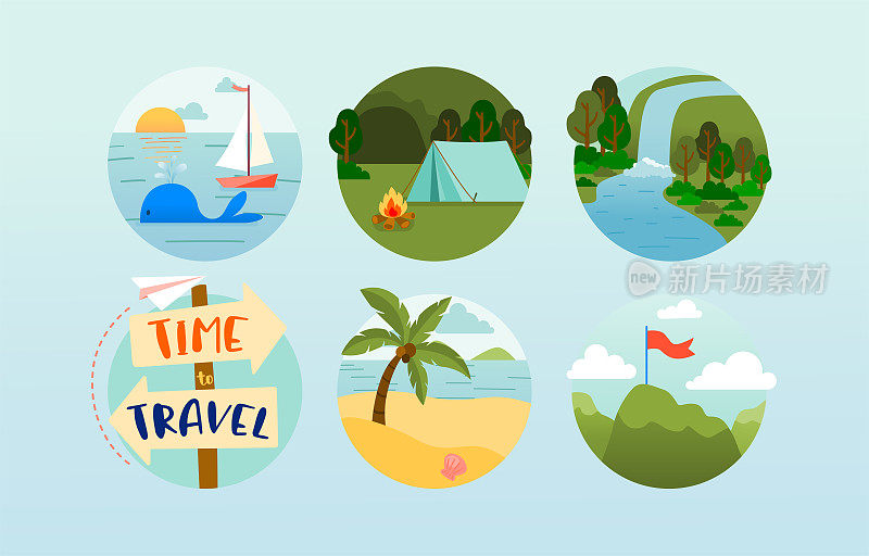 时间旅行图标在海洋，丛林，瀑布，海滩和山顶，矢量，插图