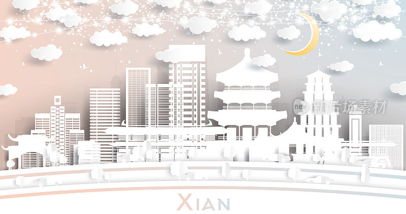 西安中国城市天际线剪纸风格与白色建筑，月亮和霓虹灯花环。