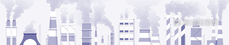 空气中弥漫着工业烟囱的烟雾。工厂。城市背景。简约现代的城市景观设计。工厂，空气污染，环境，蒸汽管道。平面风格矢量eps10插图。