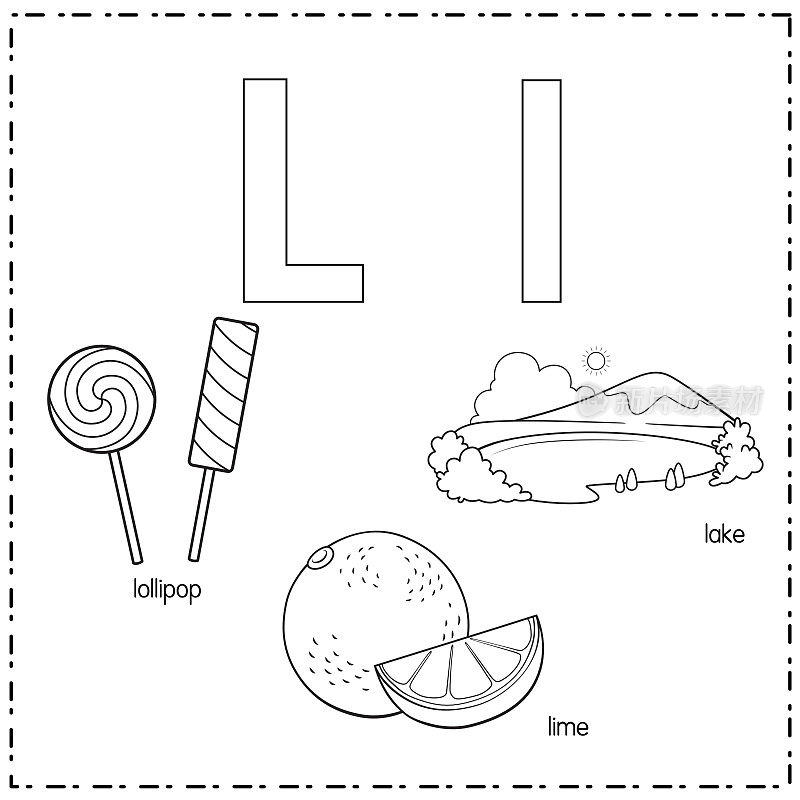 向量插图学习字母L的小写和大写的儿童与3卡通图像。棒棒糖酸橙湖。