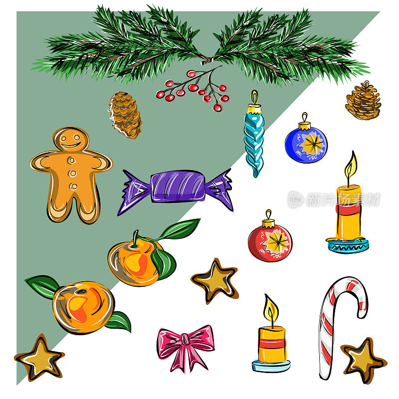 横幅，画框，圣诞快乐和新年快乐设计。圣诞姜面包，蜡烛，棒棒糖，树枝，树玩具，橘子，礼物。孤立的矢量对象。