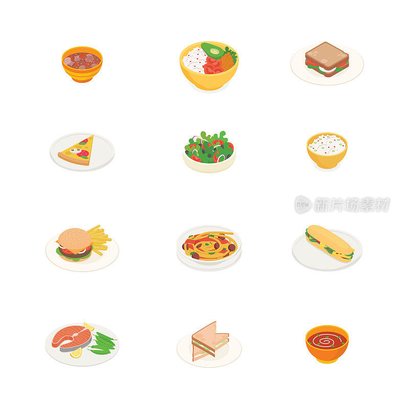 食品，餐，蔬菜，水果，肉类，饮料，烹饪用具。平面设计中的等距矢量插图。