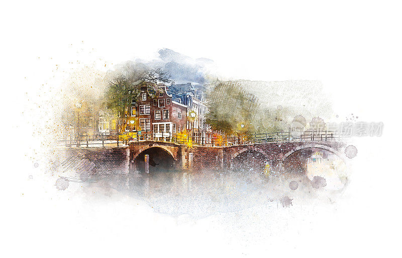 传统的旧阿姆斯特丹房子的框架-旧倾斜的房子，窗户，门和桥。电脑生成水彩设计。欧洲历史建筑。背景隔离在白色上。阿姆斯特丹,荷兰