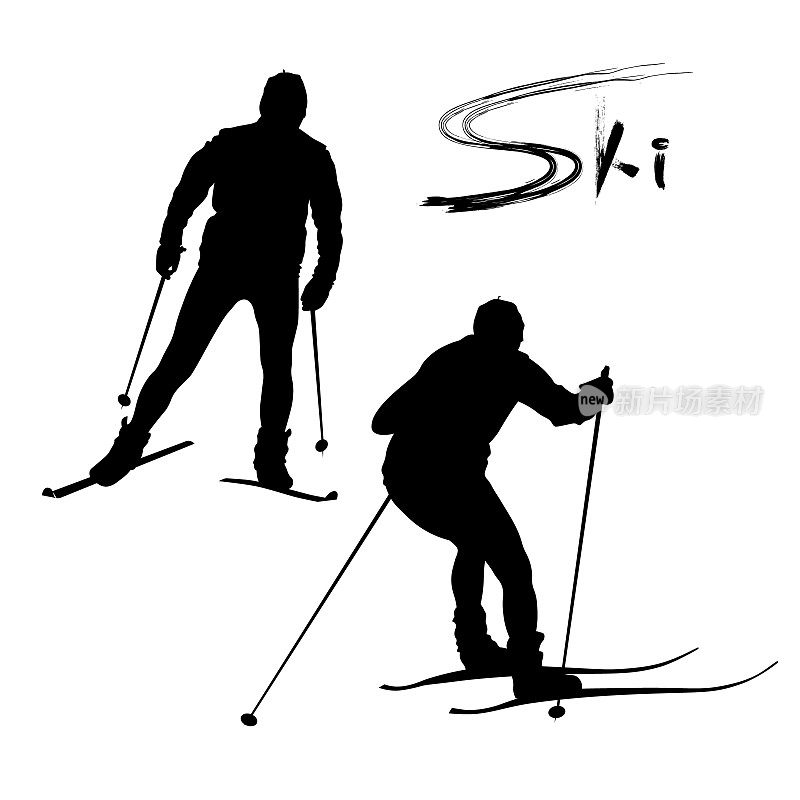 黑色矢量轮廓滑雪者在跑道上训练