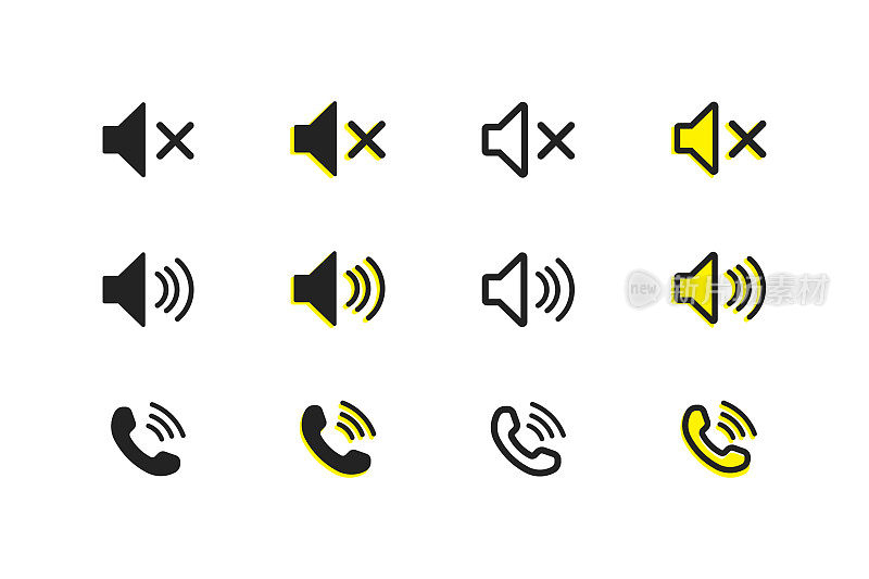 音量，静音，声音，呼叫电话符号。手机图标集。象征,标志说明。电话图标矢量。