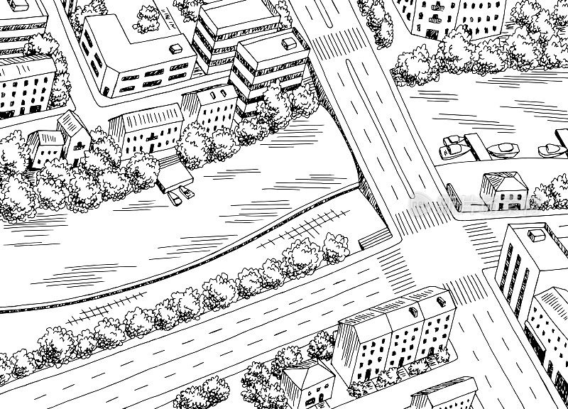 城市俯视图从空中十字路口街道图形黑白素描插图矢量