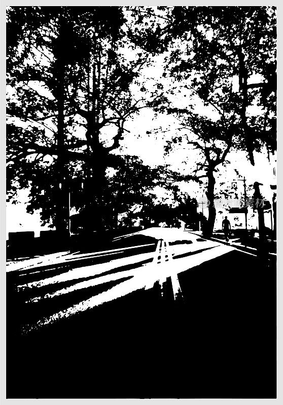 黑白木刻风格的自然景观，树木在街道边