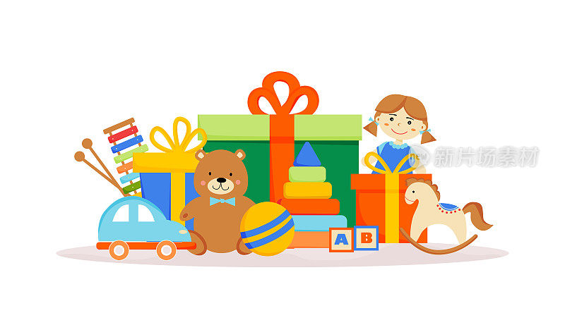 在礼品盒的背景上。生日礼物。五颜六色的盒子里装着礼物。泰迪熊，洋娃娃，汽车，球，马，金字塔，立方体，ksilofon。海报，横幅，卡片用于商店，商店。