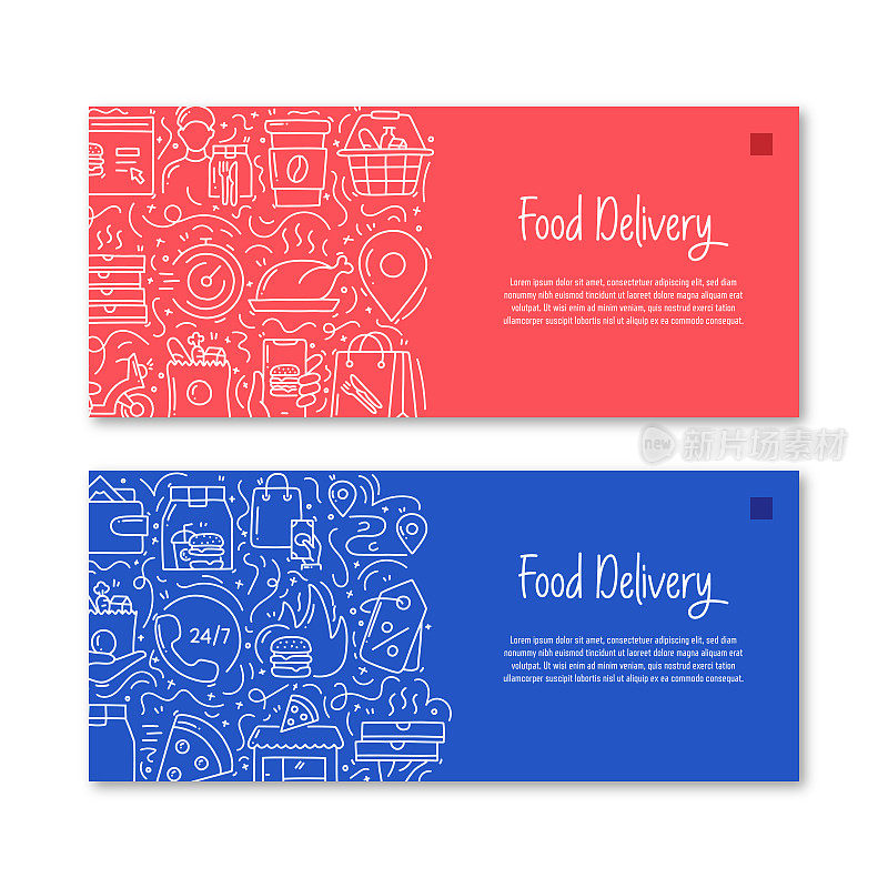 食品配送相关对象和元素。手绘矢量涂鸦插图集合。横幅模板与不同的食品交付对象