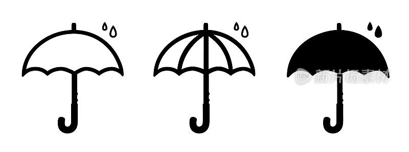 雨伞雨滴-不同的黑色矢量图标孤立在白色背景上