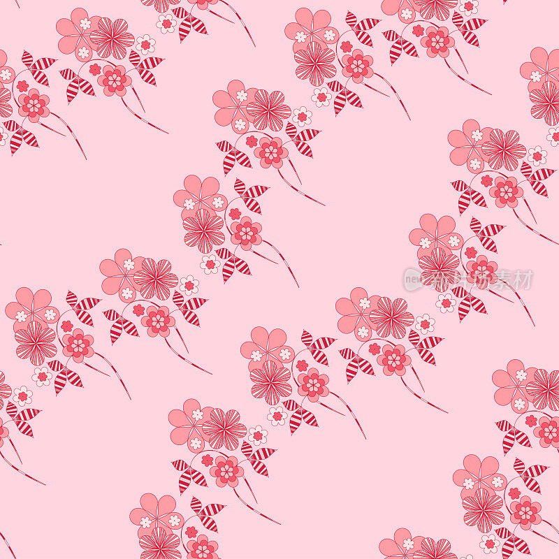 矢量花卉图案的织物设计。装饰性的手绘花朵在粉红色的背景上，单色插图。