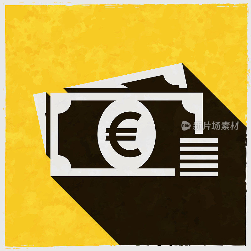 欧元-现金。图标与长阴影的纹理黄色背景