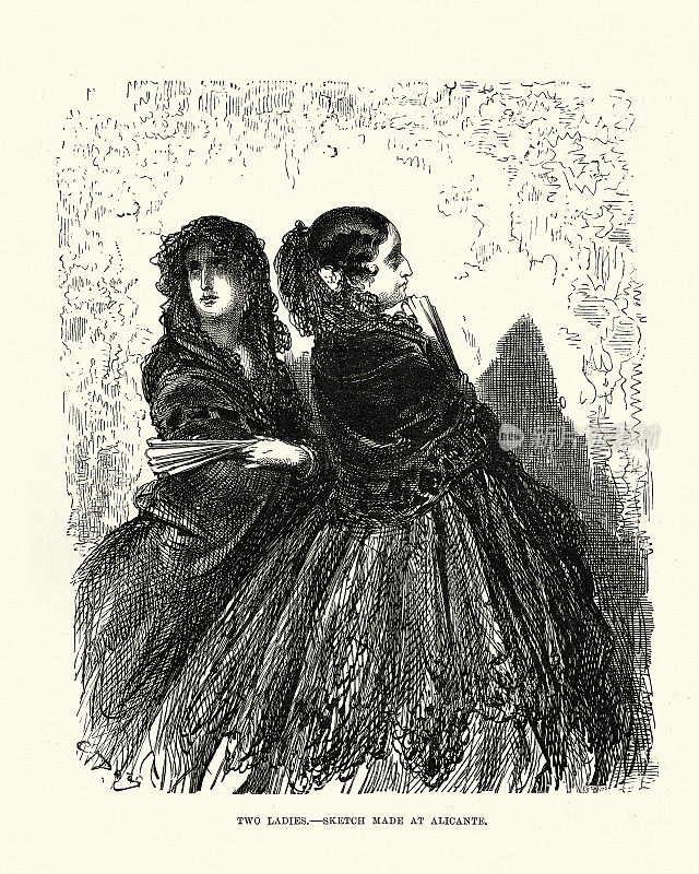 两个阿利坎特的女人，两个穿着传统西班牙服装的女人，西班牙，古斯塔夫・多雷，19世纪