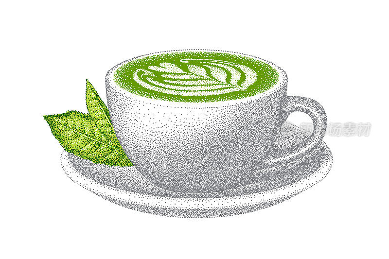 抹茶拿铁咖啡。一杯加牛奶的绿茶。绿茶写实素描。插图在复古位图点彩风格。手绘向量。