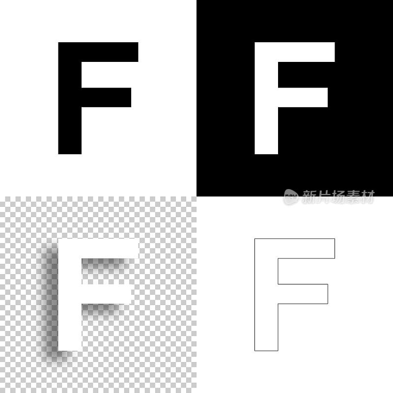 字母f图标设计。空白，白色和黑色背景-线图标