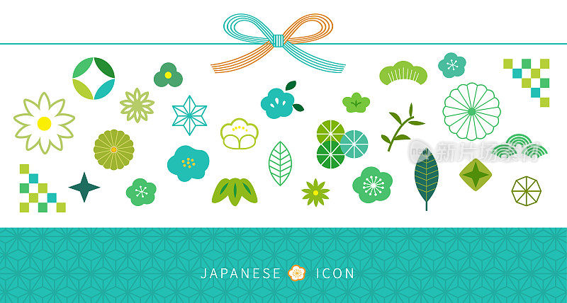 新年模板图标，日语，中国元素。花，波，松，叶，纹理向量