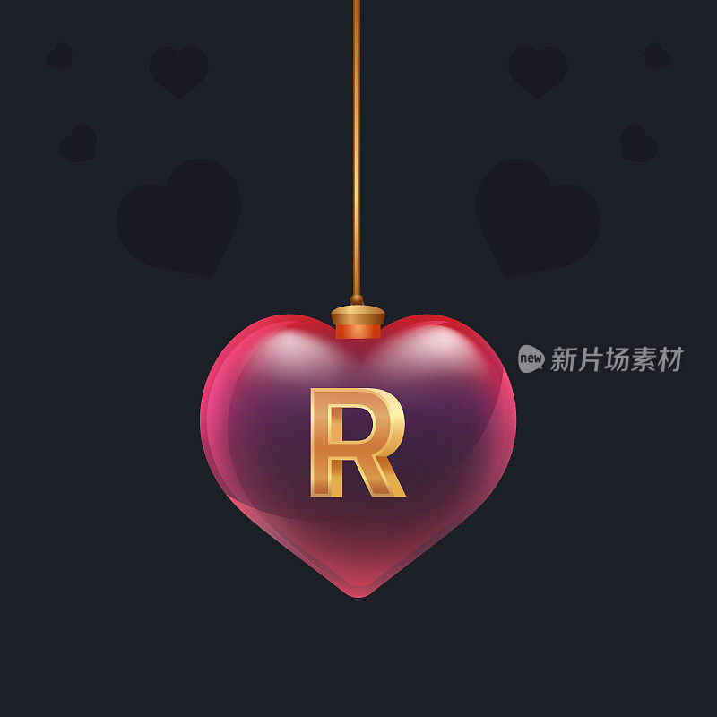 红色玻璃心玩具里面有一个金色的3D字母R。情人节装饰。设计元素横幅，邀请或任何广告