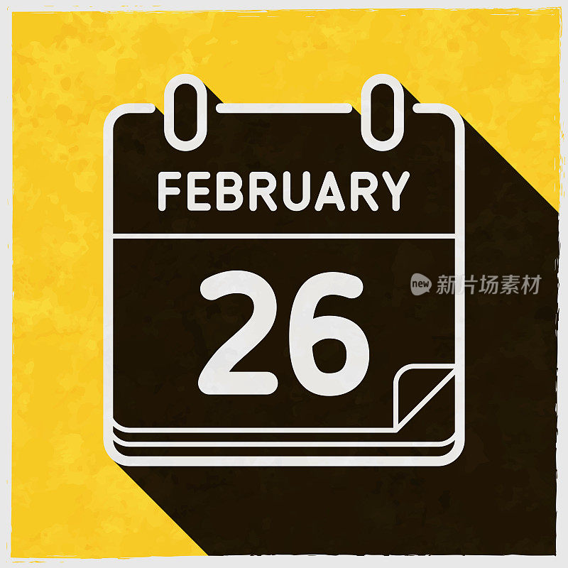 2月26日。图标与长阴影的纹理黄色背景