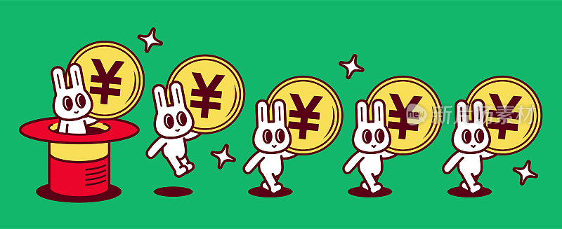 一群可爱的兔子，每个都带着一枚大硬币，不断地从一顶魔法帽子里跳出来，沿着一条直线走