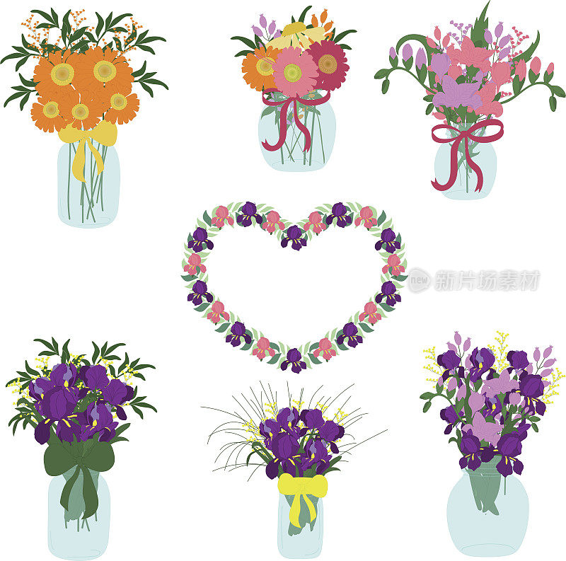 蝴蝶花，小苍兰，大丽花，郁金香，草本植物的花束在罐子里