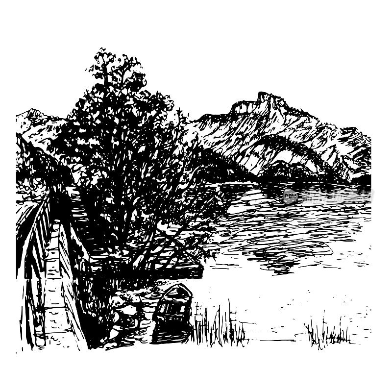 Mondsee湖的背景视图手绘矢量插图