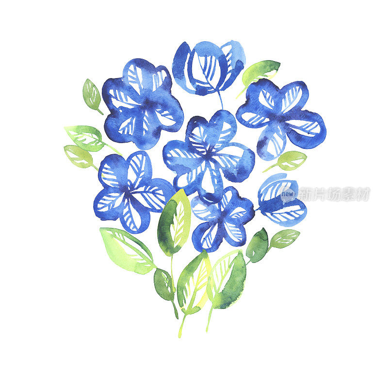 抽象的蓝色花卉元素。水彩手绘伊拉斯