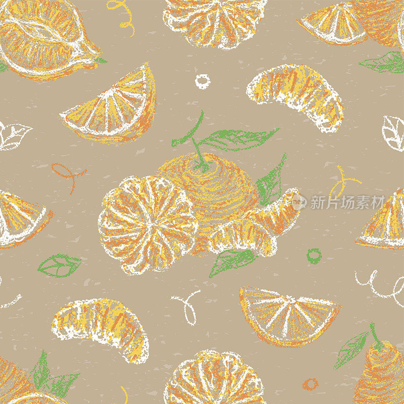 明尼奥拉+橘子手绘柑橘无缝纸板图案