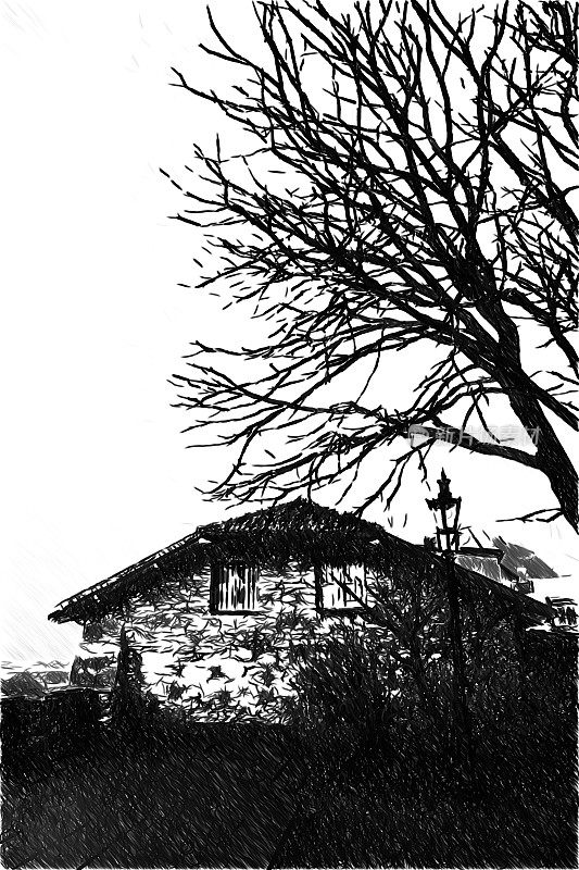 一幢老房子的黑白画