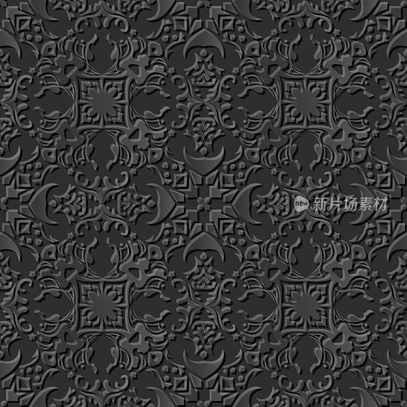 无缝3D优雅的黑色纸艺术图案245几何万花筒