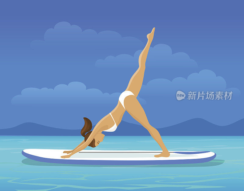 女人在水上冲浪板上做站立划水瑜伽