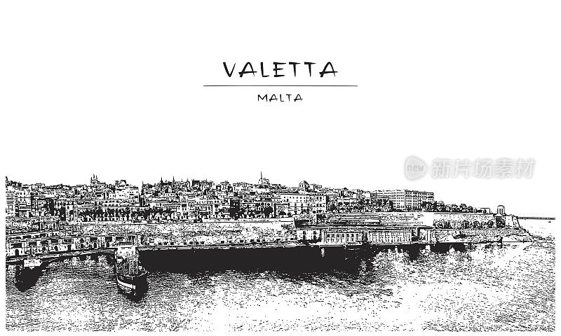 瓦莱塔,马耳他。港口和老城区的美丽全景。矢量插图。