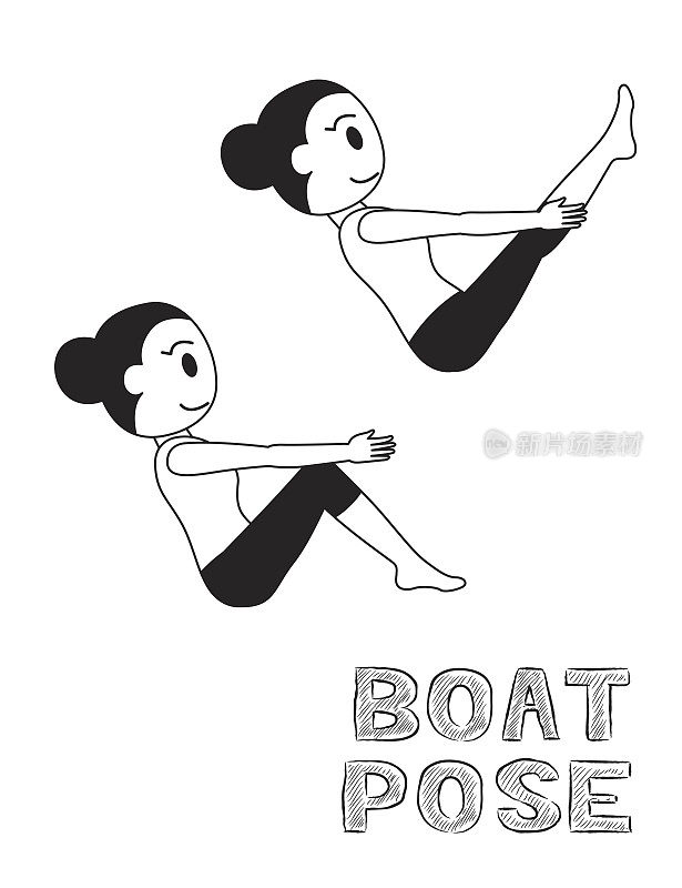 瑜伽船姿态卡通矢量插图单色