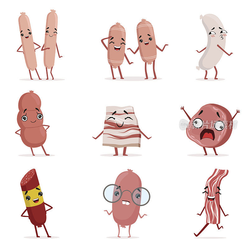 可爱有趣的人性化香肠、培根、意大利腊肠展现不同情感的彩色人物矢量插图