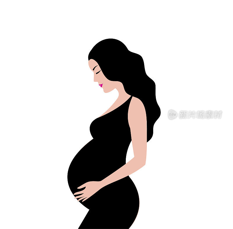 简单可爱的彩色矢量插图怀孕的黑发女人在黑色的裙子。