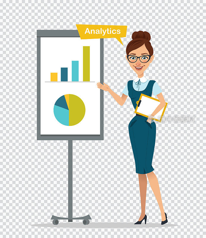 拿着剪贴板的女人站在白板旁边。Analitics概念。女人展示图表和直方图。商业插图