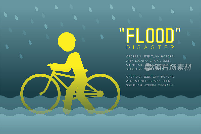 洪涝灾害的人图标象形图与自行车设计信息图插图孤立在暗梯度背景上，与洪涝灾害文字和复制空间