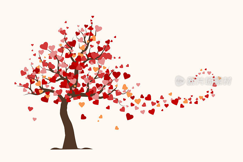 情人节贺卡，爱情树用心叶作平面插图矢量。