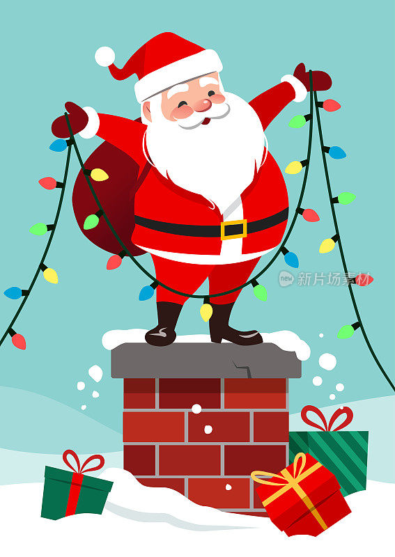 可爱快乐的圣诞老人站在烟囱上拿着五颜六色的灯串花环装饰的矢量卡通插图。圣诞节日冬季场景在当代扁平风格。