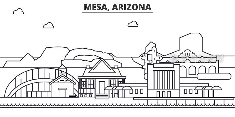 Mesa，亚利桑那州建筑线天际线插图。线性向量的城市景观与著名的地标，城市景观，设计图标。风景与可编辑的笔触