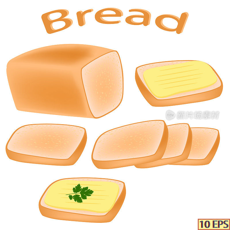 条面包。切成薄片的面包。三明治。面包和黄油。食谱插图，菜单餐厅，厨房室内设计。