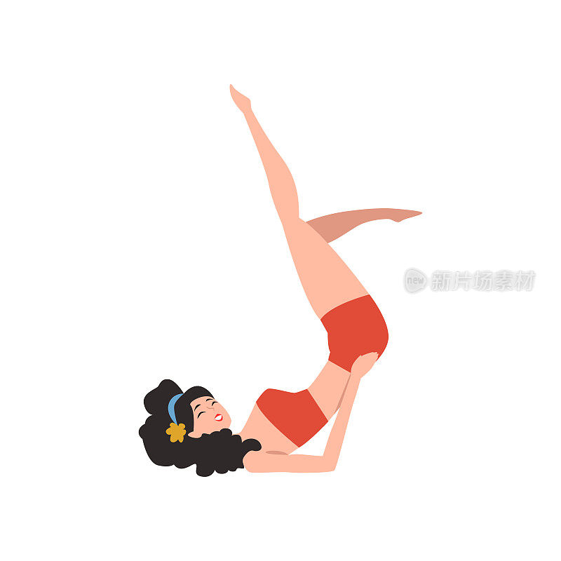 有吸引力的海报模特与完美的身材在倒立姿势。性感的女孩穿着红色复古泳衣。有着黑色卷发的卡通女性。平面向量的设计