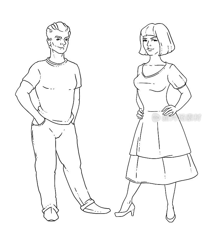 一对年轻夫妇的矢量插图。一个女人和一个男人微笑着站起来。
