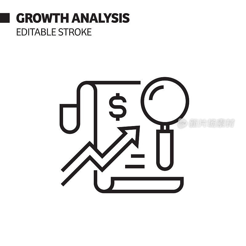增长分析线图标，轮廓向量符号插图。完美像素，可编辑的描边。