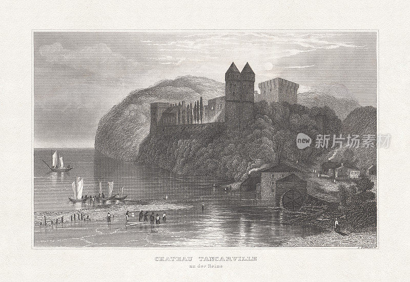 Ch?teau德坦卡维尔，法国，钢版画，1860年出版