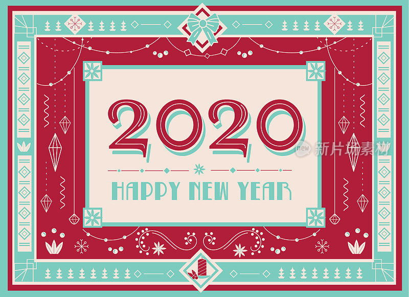 艺术装饰2020快乐新年设计模板与详细的装饰品和珠子