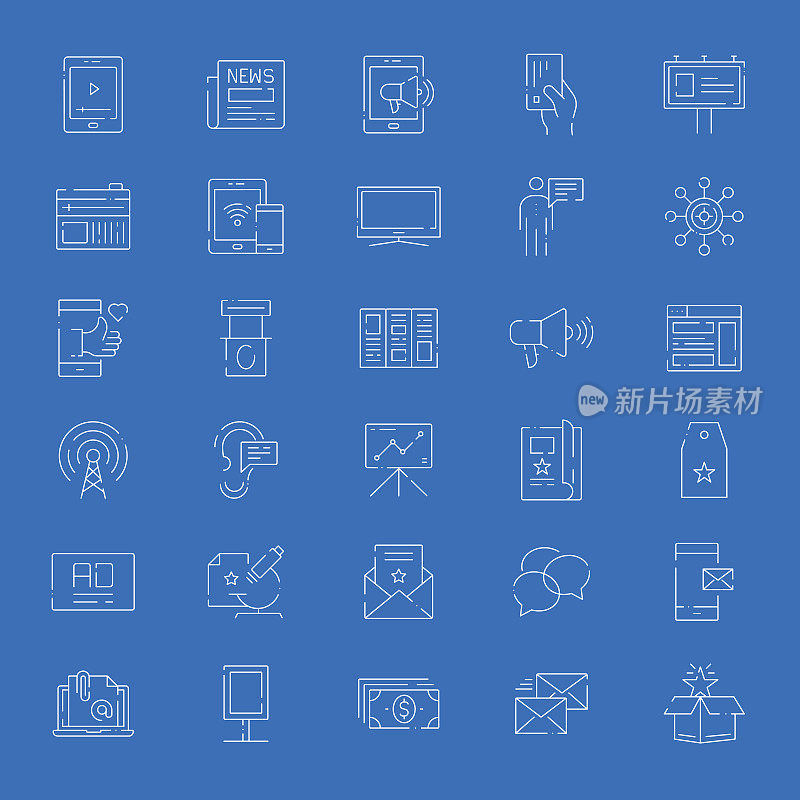 简单的一组广告和促销相关的矢量细线图标。大纲符号集合。