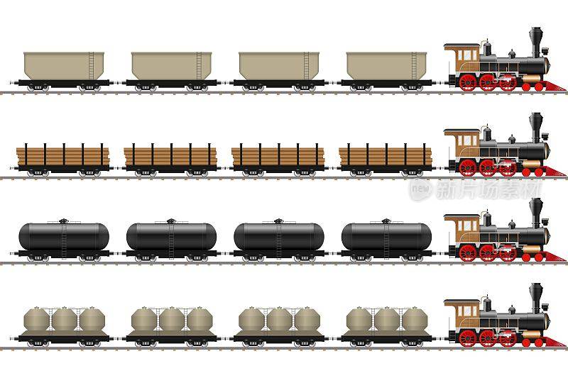 一组火车车厢矢量插图孤立在白色背景