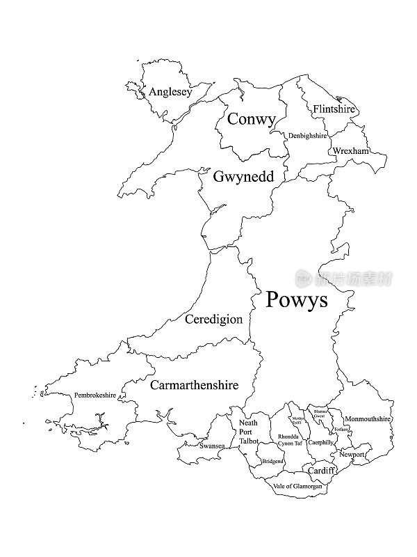 威尔士主要地区地图