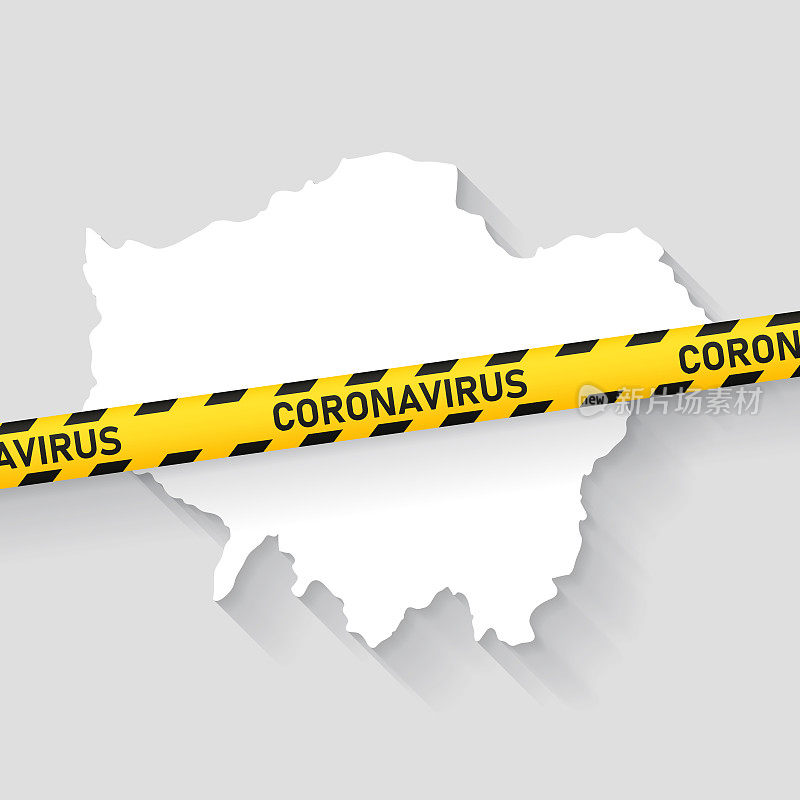 伦敦地图与冠状病毒警告胶带。Covid-19爆发
